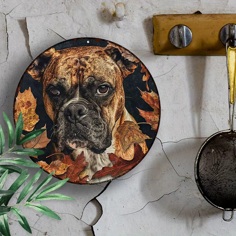 Rundes Aluminiumschild Potdemiel mit Boxer-Hund und Herbstblättern als Metall-Wanddekoration, Durchmesser: 20,32 cm, Mehrfarbig - Bild 4