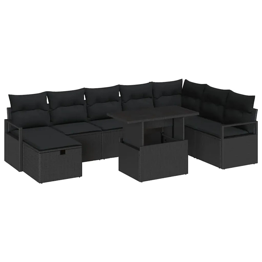 vidaXL Garten-Sofa-Set aus Polyrattan in Schwarz, 9-teiliges L-Shape Lounge-Set mit Kissen, Couchtisch und Ottomane für Garten und Terrasse - Bild 2