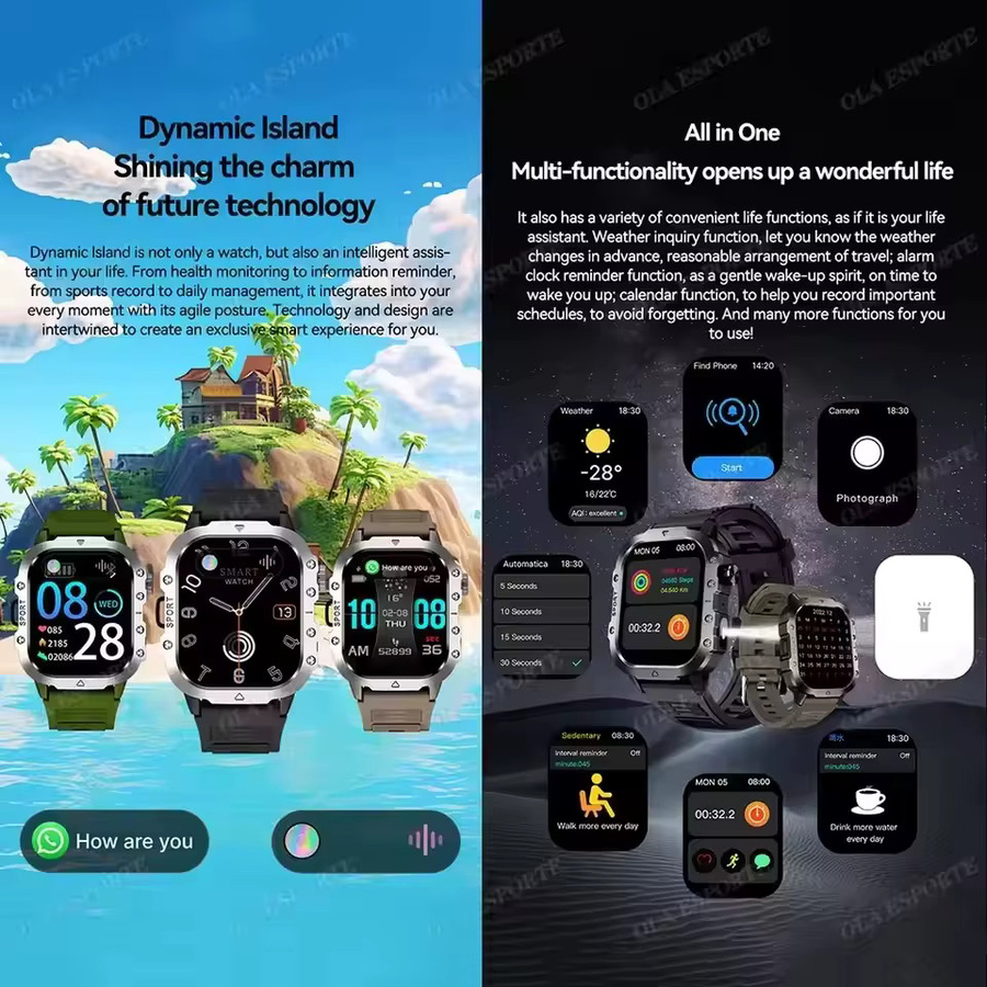 Militärische Smartwatch HW12 für Herren von Ola Esporte in Silber mit 2,01 Zoll Display, Fitness-Tracker, Gesundheitsüberwachung, Bluetooth-Anruffunktion und LED-Taschenlampe - Bild 2