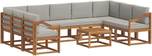 vidaXL Outdoor-Sofagarnitur 10-tlg. aus Akazienholz mit Kissen in Natur und Hellgrau - Bild 1