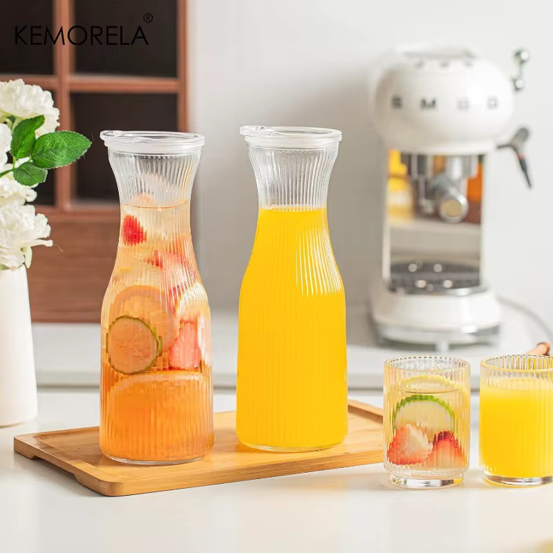 KEMORELA Glaskaraffe mit Deckel und Kreidetafel-Etiketten, geripptes Design, transparent, 1 l - Bild 3