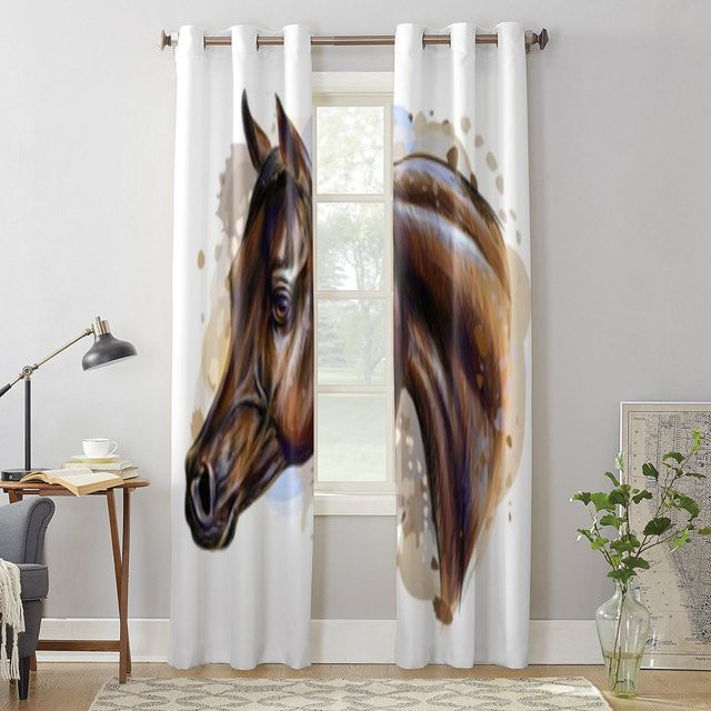 Super Six Fenster Vorhang mit handgezeichneter Pferde-Skizze, halbtransparent, Mehrfarbig, Breite: 135 cm, Höhe: 135 cm - Bild 1