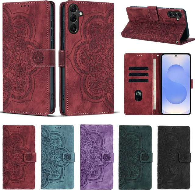 Mandala-Blumen Leder-Brieftaschenhülle mit Standfunktion für Samsung Galaxy S26 S25 S24 S23 S22 S21 S20 Plus Ultra FE in Rot - Bild 1