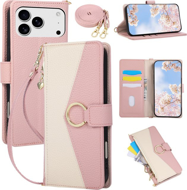 Lederne Reißverschluss-Handyhülle mit Umhängegurt, Kartenfächern und Handgelenkschlaufe für iPhone Modelle in Grün und Pink - Bild 1