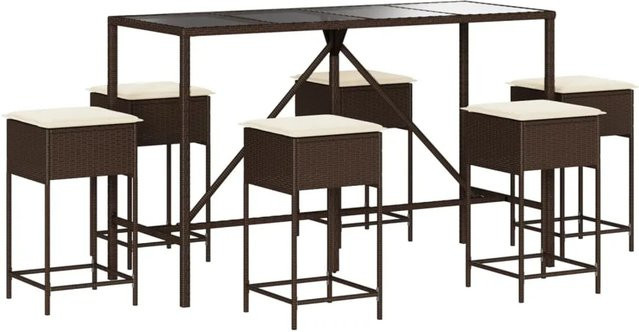 vidaXL 7-tlg Gartenbar-Set aus braunem PE-Rattan mit Kissen und Hartglas-Tischplatte - Bild 1