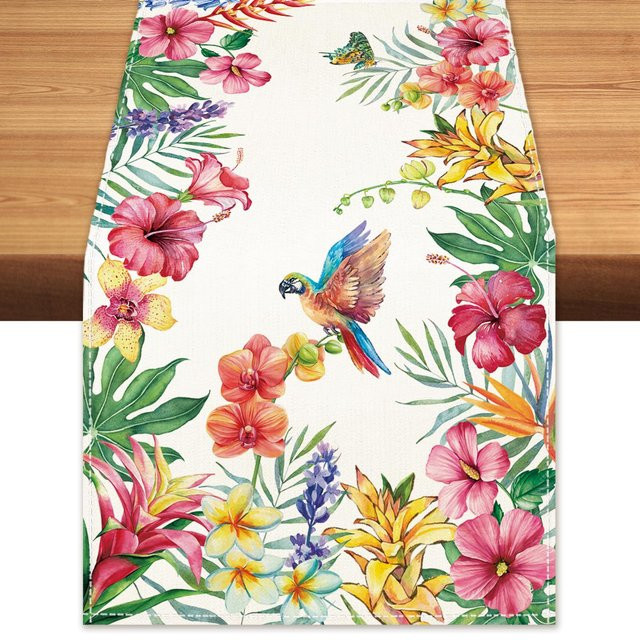 Beau Maison Tischläufer aus Leinen mit tropischem Papagei- und Palmenblatt-Design in Blau und Multicolour, B/H: 150 x 33 cm - Bild 1