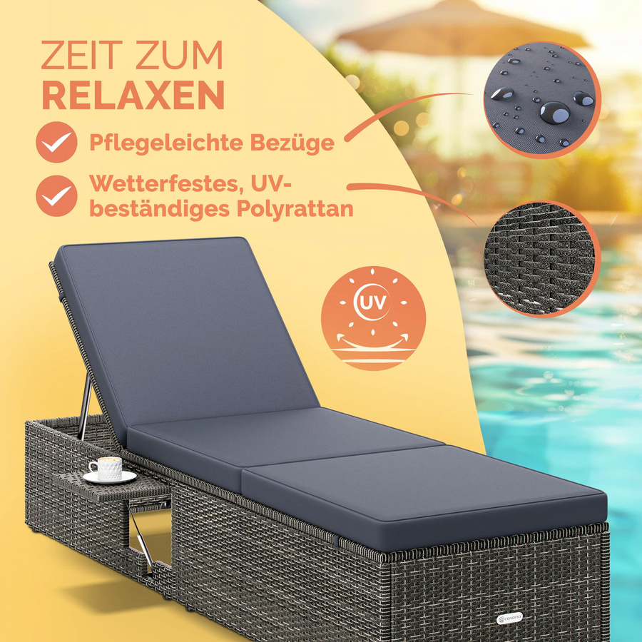 CASARIA Polyrattan Gartenliege Grau/Anthrazit mit verstellbarer Kopfstütze und Seitentisch B/T/H: 200 x 58 x 33 cm - Bild 2