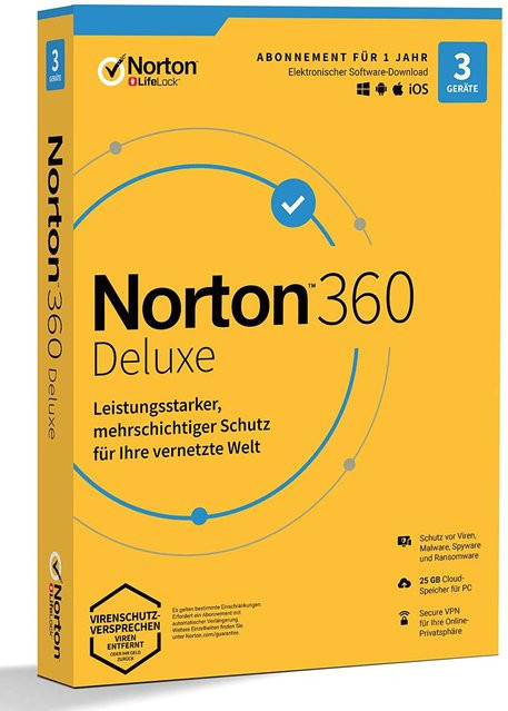 Norton LifeLock 360 Deluxe Antivirus Security Subscription für 1 User und 3 Geräte mit 25 GB Cloud-Speicher für 12 Monate - Bild 1