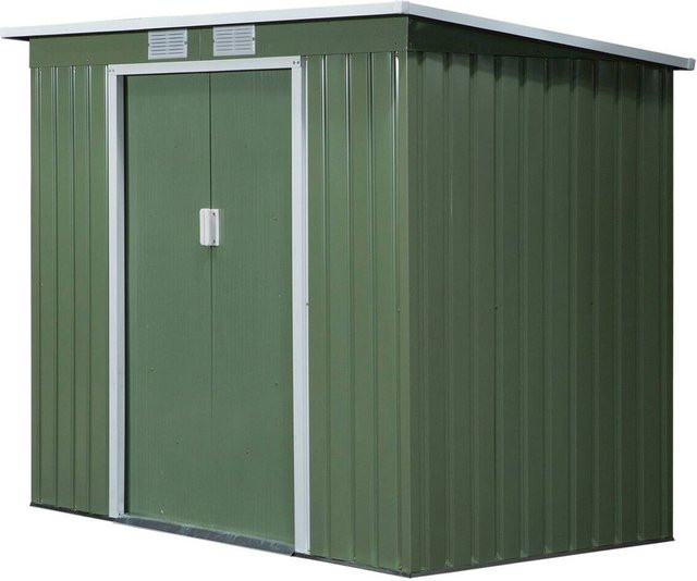 Outsunny Gartenhaus aus verzinktem Stahl in Grün mit Lüftungsfenster und Schiebetür, B/H/T: 130 x 173 x 213 cm - Bild 1