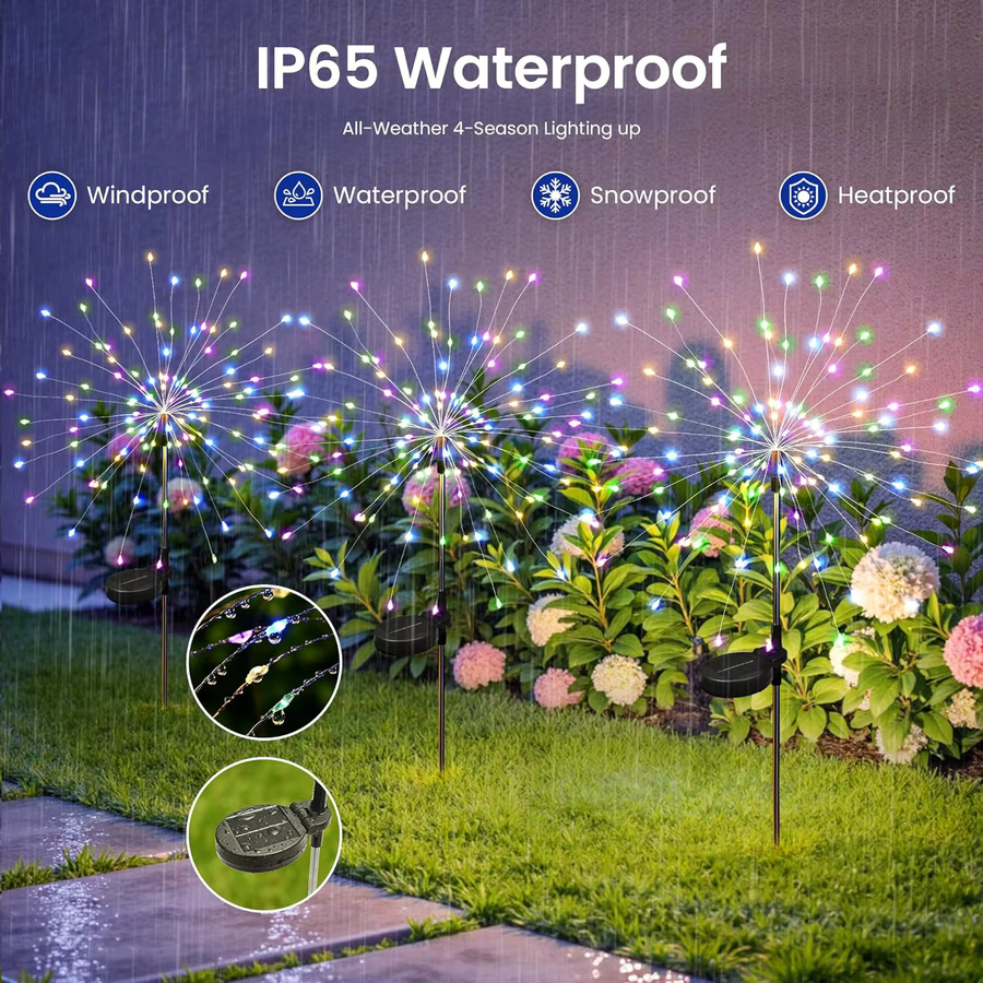 GHUSTAR 4er Set Solar-Gartenleuchten mit 200 RGB LED Feuerwerks-Effekt, wasserdichte Mehrfarben Außenbeleuchtung für Garten und Terrasse, Schwarz - Bild 4