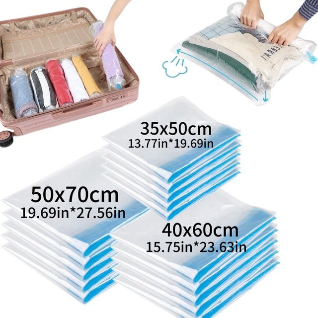 Set aus 6 bis 12 transparenten Vakuumbeuteln aus Kunststoff zur Kompression und Platzersparnis für deine Kleidung auf Reisen - Bild 1