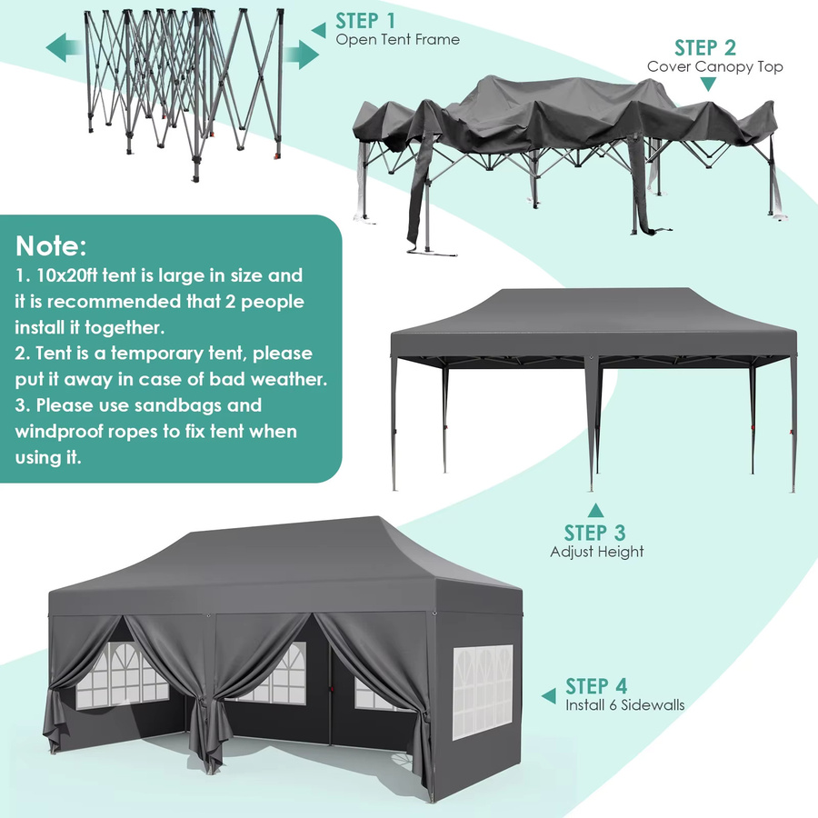 Homfa Popup-Pavillon in Grau, wasserdichtes Partyzelt mit 6 Seitenteilen, UV 50+ und höhenverstellbar, B/T/H: 600 x 300 x 300 cm - Bild 6