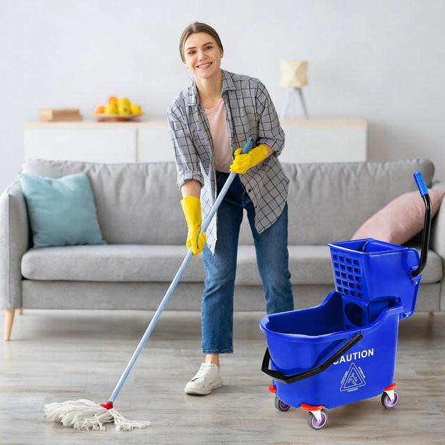 HiMISS Gewerblicher Moppeimer mit Seitenpresse und Rädern aus Kunststoff, 33 Liter, Gelb/Blau - Bild 1