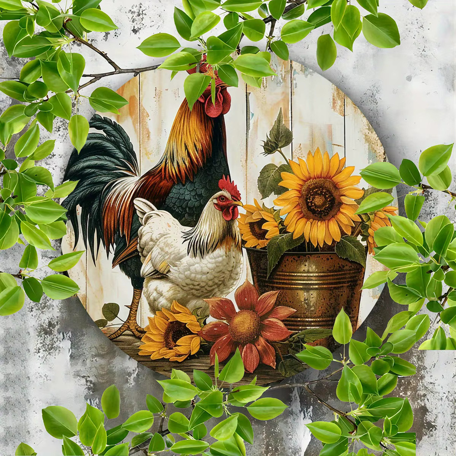 HELLOYOUNG Vintage Farmhouse Wandkunst aus Metall mit Hahn und Sonnenblumen, rund, Mehrfarbig, Durchmesser: 20 cm - Bild 3