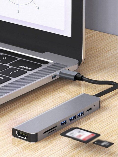 AKKHOO 7-in-1 USB-C Hub Multi-Port USB-Erweiterungsdock in Grau - Bild 1