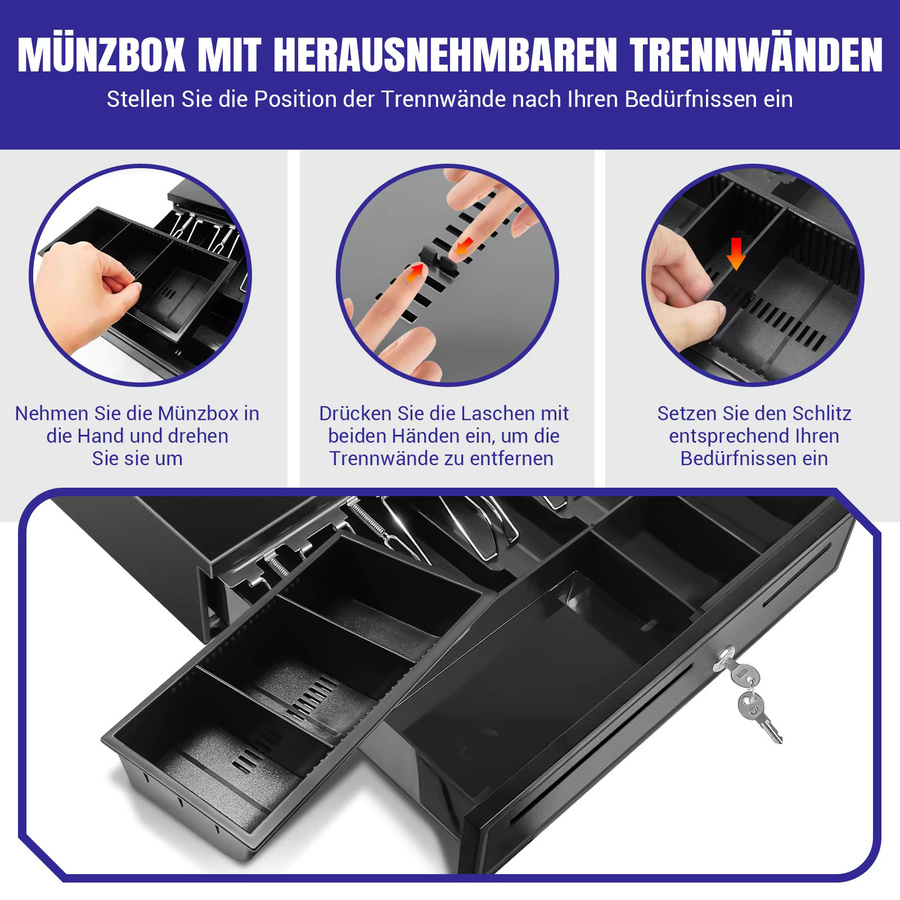 Kassenschublade aus Metall in Schwarz mit 5 Fächern für Scheine und 5 Fächern für Münzen, automatische und manuelle Öffnung mit Schlüsselschloss und RJ11-Anschluss - Bild 4