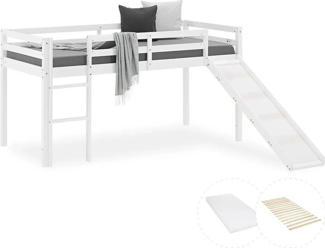 Homestyle4u Kinderbett mit Rutsche, Matratze und Lattenrost aus Kiefernholz in Weiß, B/T/H: 207,5 x 96,5 x 110 cm - Bild 1