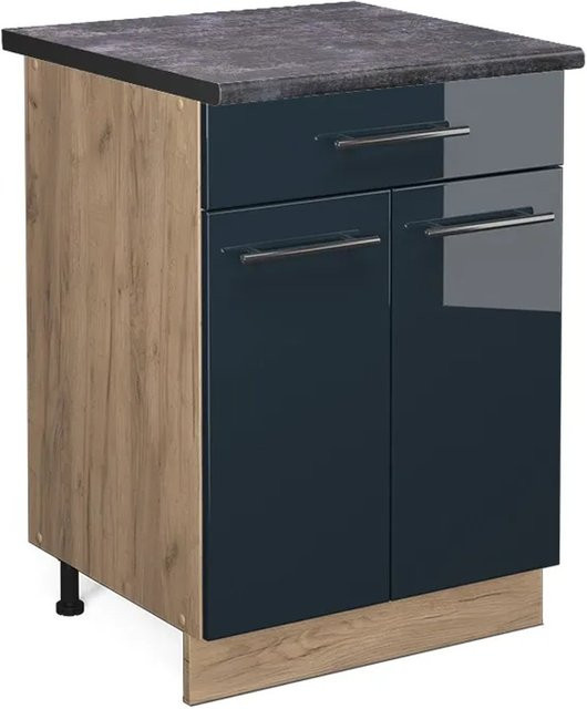 Vicco Küchenunterschrank Fame-Line Eiche Dunkelblau Hochglanz mit Arbeitsplatte Anthrazit Breite: 60 cm, Höhe: 82 cm, Tiefe: 51,6 cm - Bild 2