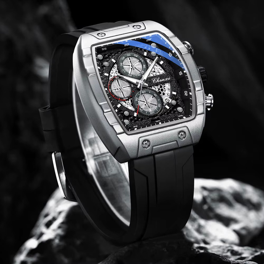 CHENXI Armbanduhr Tonneau, Chronograph, Quarz, Edelstahl, Silikon, Herren - Bild 4