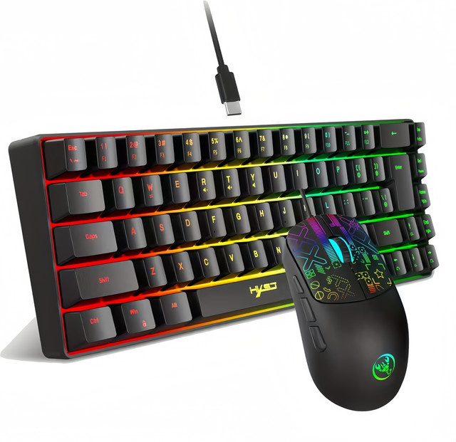 HXSJ RGB Gaming Tastatur und Maus Set, kabelgebunden, 68 Tasten, Hintergrundbeleuchtung, Schwarz/Multicolor - Bild 1