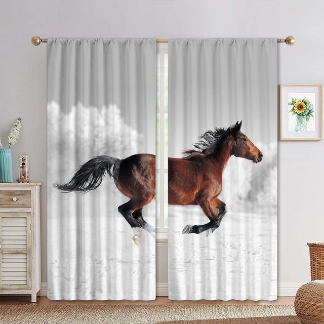 2er-Set Fenstervorhänge mit schwarz-weißem Pferdemotiv, halbtransparent, Breite: 60 cm, Höhe: 60 cm - Bild 1