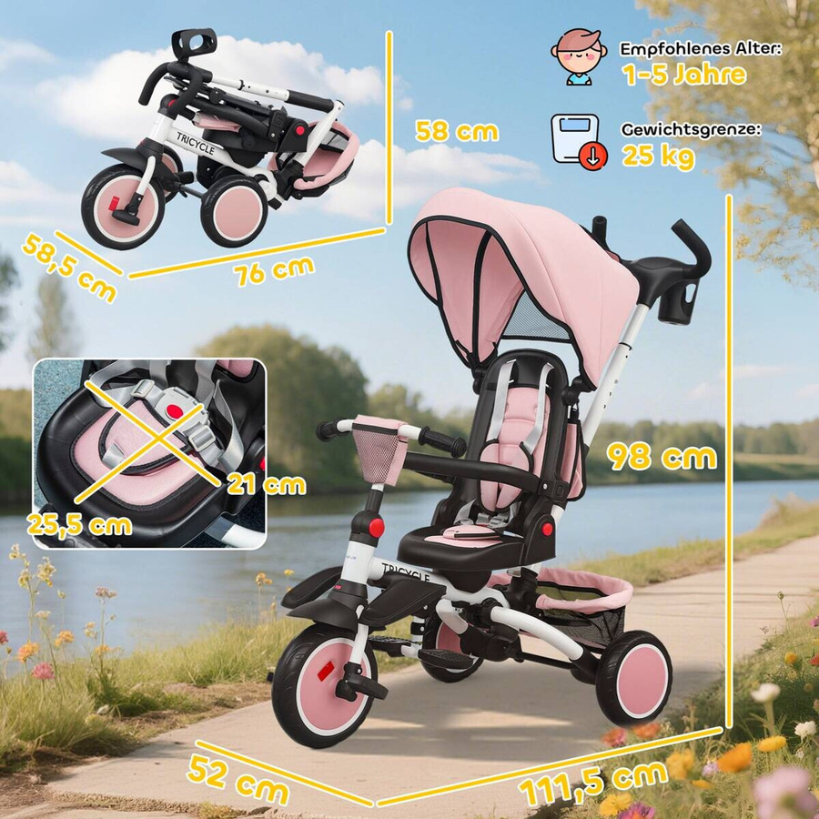 AIYAPLAY 6in1 Kinderdreirad mit Schubstange und Sonnendach, Rosa, B/H/L: 52 x 111,5 x 98 cm - Bild 4