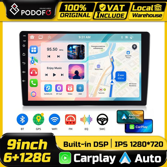 Podofo Android Autoradio mit 9 Zoll IPS Touchscreen, 6GB RAM und 128GB Speicher, Kabelloses CarPlay und Android Auto, GPS, WiFi, Bluetooth, Schwarz - Bild 1