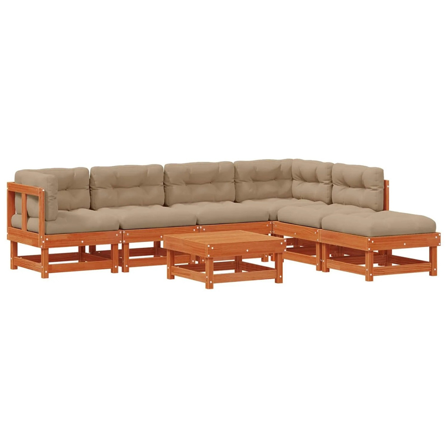 vidaXL Garten-Lounge-Set aus massivem Kiefernholz in Wachsbraun, 7-teiliges L-Shape Set mit Tisch, Ecksofas, Mittelsofas, Fußtritt und Kissen - Bild 2