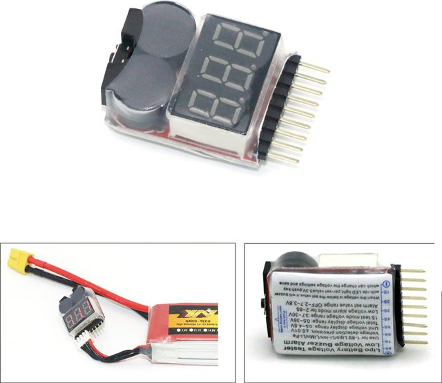 U-Angel-1988 Lipo Batteriespannungsprüfer Voltmeter mit Summer Alarm 3,7V-22,2V in Schwarz für RC Lipo Batteriemodelle - Bild 1