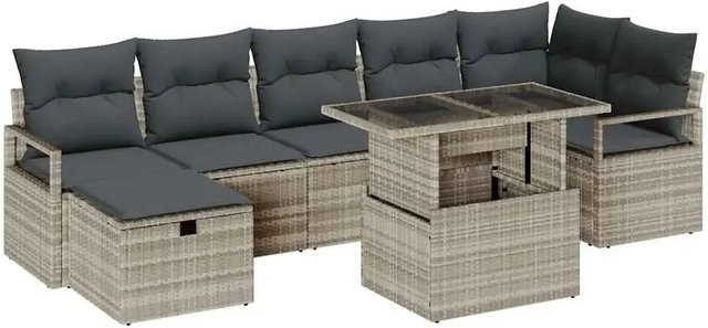 vidaXL Garten-Sofa-Set aus Polyrattan in Hellgrau, 8-teiliges Lounge-Set mit Kissen, Eckelement, Ottoman und Couchtisch für Terrasse und Garten - Bild 1