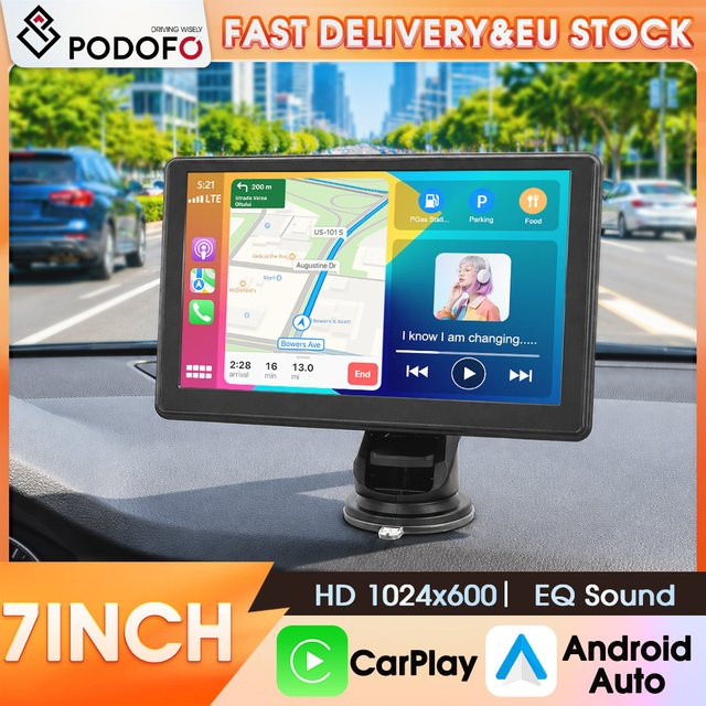 Podofo 7 Zoll Tragbarer Smart-Multimedia-Player mit CarPlay, Android Auto, Mirror Link, Dashcam und Bluetooth in Schwarz - Bild 1