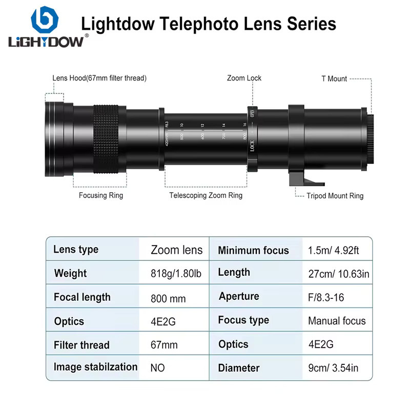 Lightdow manuelles Telezoomobjektiv 420–800 mm f/8,3–16 für Canon RF, Canon EF, Nikon F, Nikon Z und Sony E Mount - Bild 2