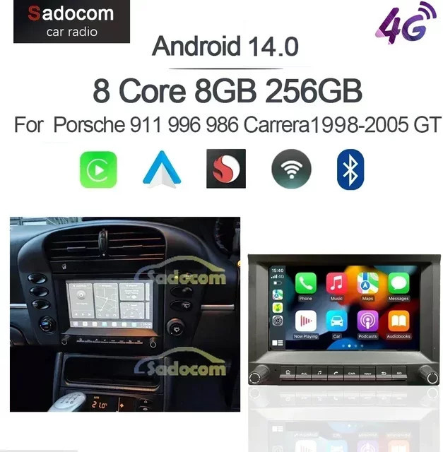 Sadocom Android 14.0 Autoradio mit 7 Zoll 2 DIN Display, 8-Kern Prozessor, 4GB RAM, DSP, GPS und CarPlay in Schwarz für Porsche 911 996 986 Cayman Boxster - Bild 1