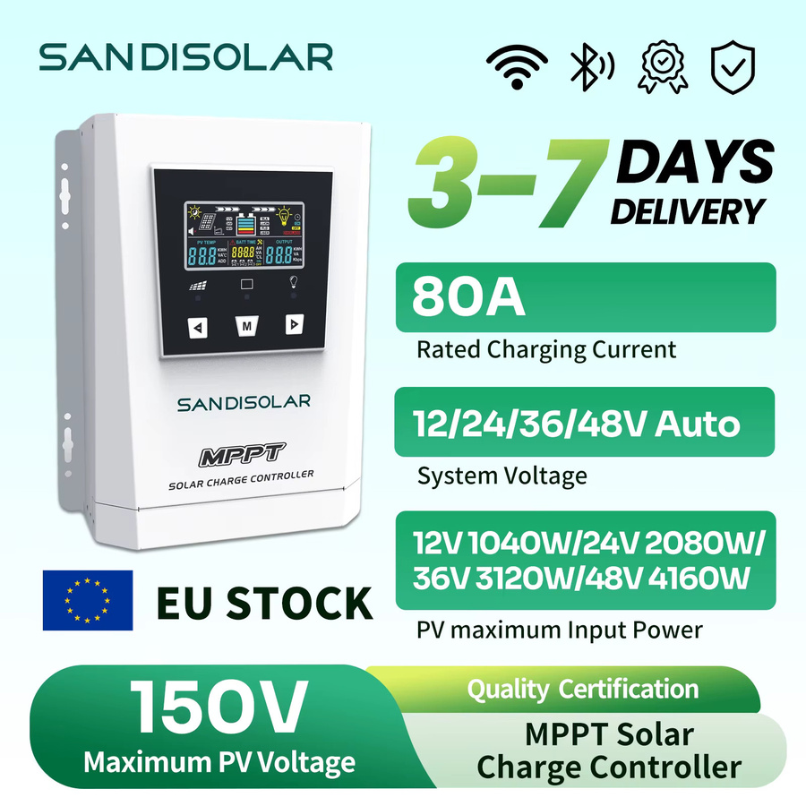 SANDISOLAR Smart MPPT Solar-Controller mit Farb-LCD-Bildschirm, 60A oder 100A, 12V/24V/36V/48V Systemspannungseinstellung, Solarpanel-Batterieladegerät in Weiß - Bild 6