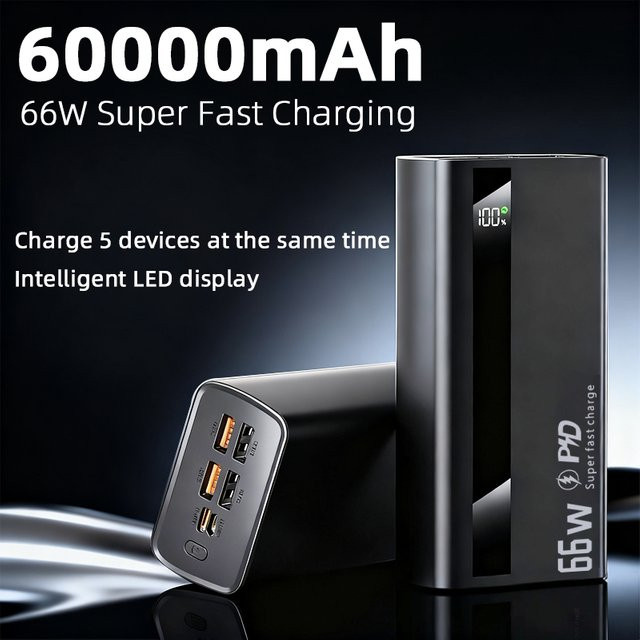 Cohana Powerbank 60000mAh mit 66W Superschnellladegerät in Schwarz, kompatibel mit Android und iOS - Bild 1