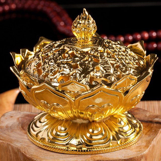 Goldener Lotusblumen Weihrauchbrenner aus Messing für Sandelholz und Räucherwerk als orientalische Heimdekoration - Bild 1