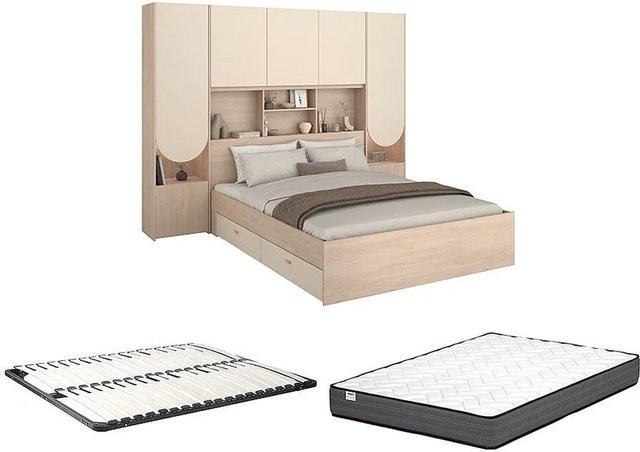 Bettrahmen Domelito in Beige mit Schubladen und Unterbettbeleuchtung, Modernes Design aus Spanplatten, B/T/H: 265,2 x 202,8 x 243,0 cm - Bild 1