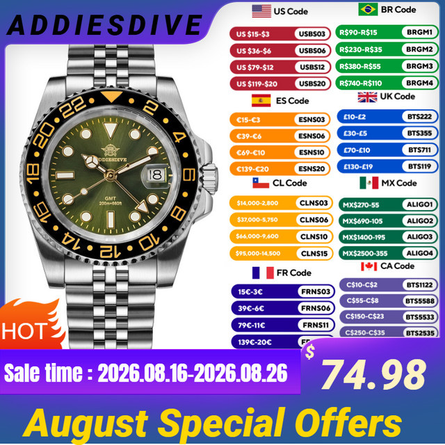 ADDIESDIVE Armbanduhr, Quarz, Edelstahl, 40 mm, Herren, Grün - Bild 1