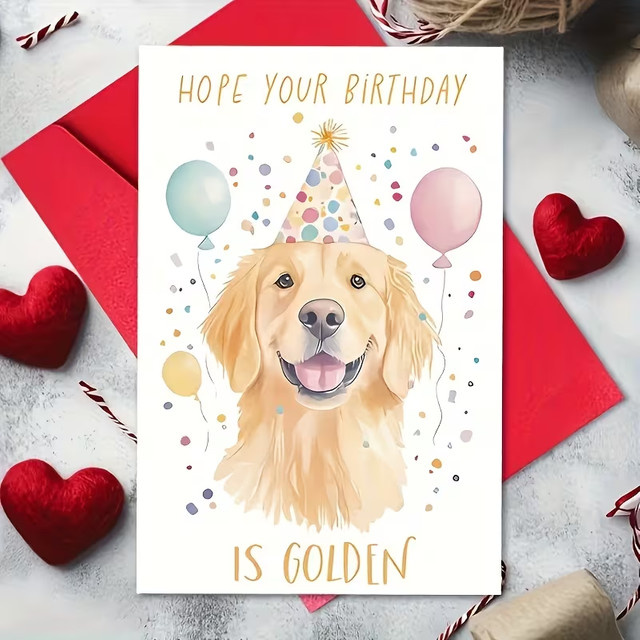 Golden Retriever Geburtstagskarte mit Aquarell-Hund und Partyhut in Multicolor - Bild 1