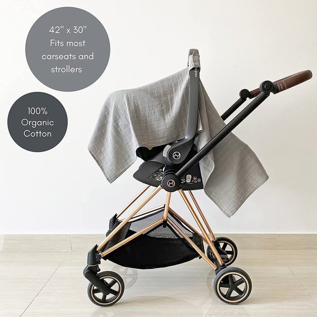 Musselin Kinderwagen Decke aus Baumwolle Gaze als Sonnenschutz und Sicherheits-Sitzdecke in Beige oder Grau - Bild 1