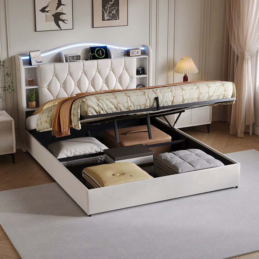 Rosahqnda Doppelbett aus Samt in Grau mit LED-Beleuchtung, USB-Anschluss und hydraulischem Stauraum, B/T/H: 140 x 200 cm - Bild 3