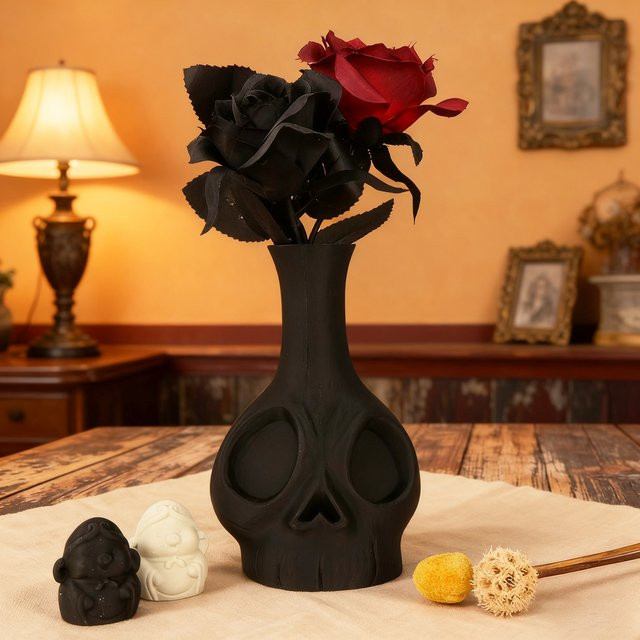 Dekorative Vase in Totenkopfform mit Retro-Liniendesign, Mattschwarz, Kunststoff - Bild 1