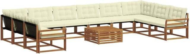 vidaXL Outdoor-Sofagarnitur aus Akazienholz in U-Form mit Textilene und Kissen, 11-tlg, Natur und Creme - Bild 1