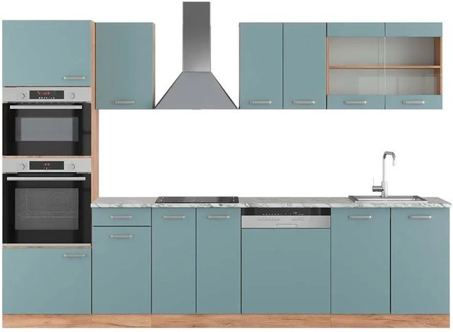 Vicco R-Line Küchenzeile Blau-Grau und Goldkraft Eiche mit Hochschrank und Marmor-Optik, Breite: 300 cm - Bild 1