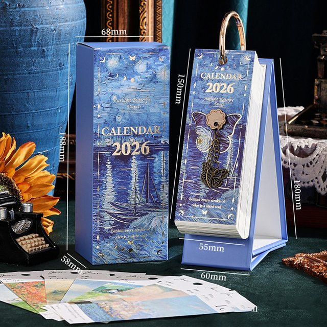 2026 Ölgemälde-Tischkalender mit Ständer, monatlicher Kunstkalender in Blau für Zuhause und Büro - Bild 1