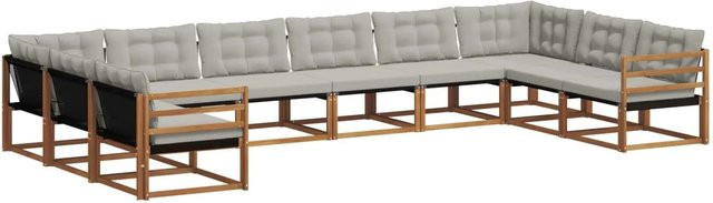 vidaXL Outdoor-Sofagarnitur aus Akazienholz in U-Form, 10-teiliges Set mit Kissen in Natur und Hellgrau - Bild 1