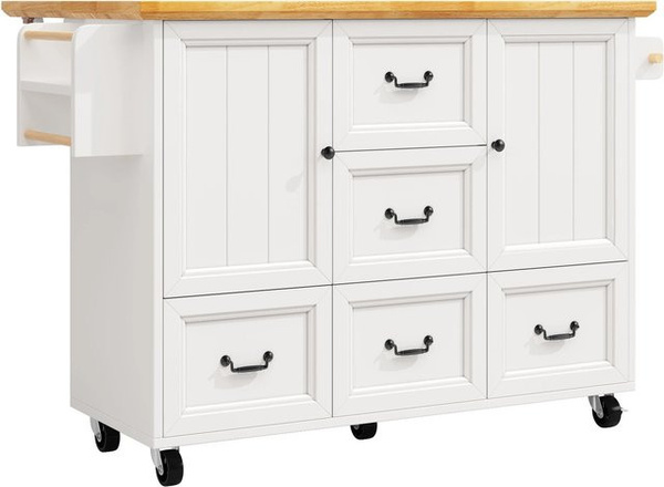 okwish Kücheninsel mit ausziehbarem Rollenwagen und Gewürzregal, Weiß, B/T/H: 120 x 73 x 93 cm