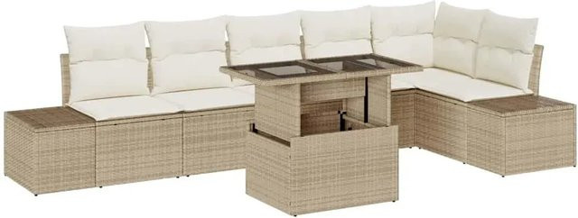 vidaXL Garten-Sofa-Set 7-teilig aus Poly-Rattan in Beige mit Polstern und integriertem Stauraum für Terrasse und Garten - Bild 1