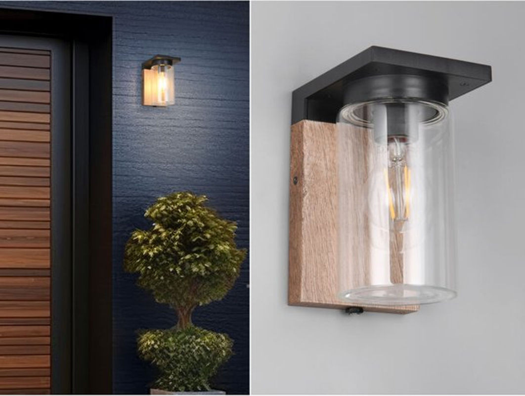 Trio Außen Wandlaterne Ardila in Schwarz und Holzoptik mit Glasschirm, Höhe: 19 cm - Bild 1