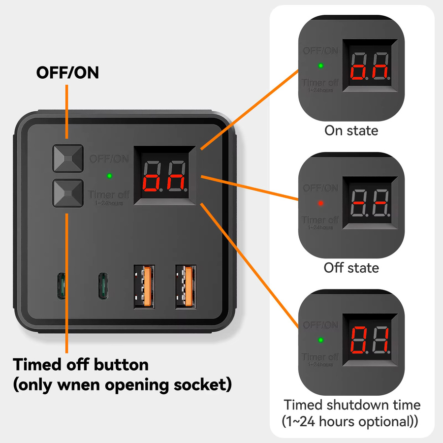 7-in-1 EU Steckdosenleiste mit Überspannungsschutz, 3 AC-Steckdosen, 3 USB-Anschlüsse und 1 USB-C-Anschluss, zeitgesteuerte Desktop-Ladestation in Schwarz oder Weiß - Bild 4
